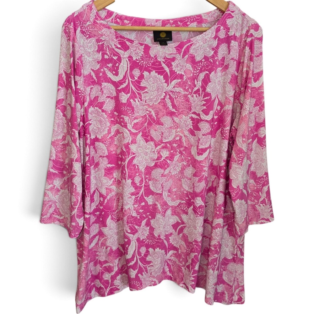 JM Collection Top Womens Plus 1X Pink Jacquard Textured Boat Neck Blouse Floral